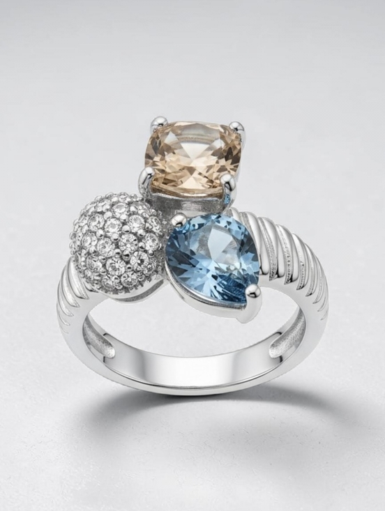 sassified boutique Jewelry - NWT EYE CANDY BRASS Multi-Stone Cocktail Ring with Blue and Champagne Stones